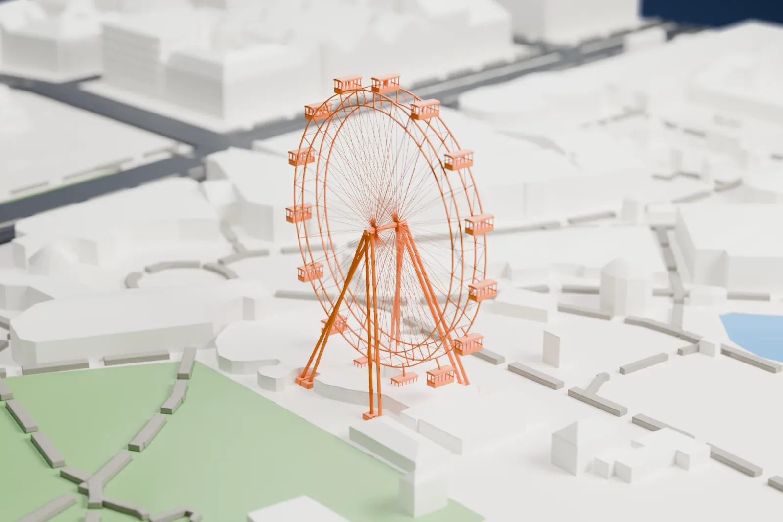 A white 3D print of the Wiener Riesenrad, a Ferris wheel with fine spokes and small gondolas, standing among low buildings, paths and green lawns.