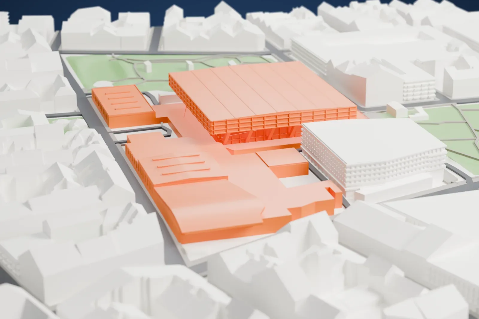 A white 3D print of the Wiener Stadthalle among the surrounding streets and buildings.