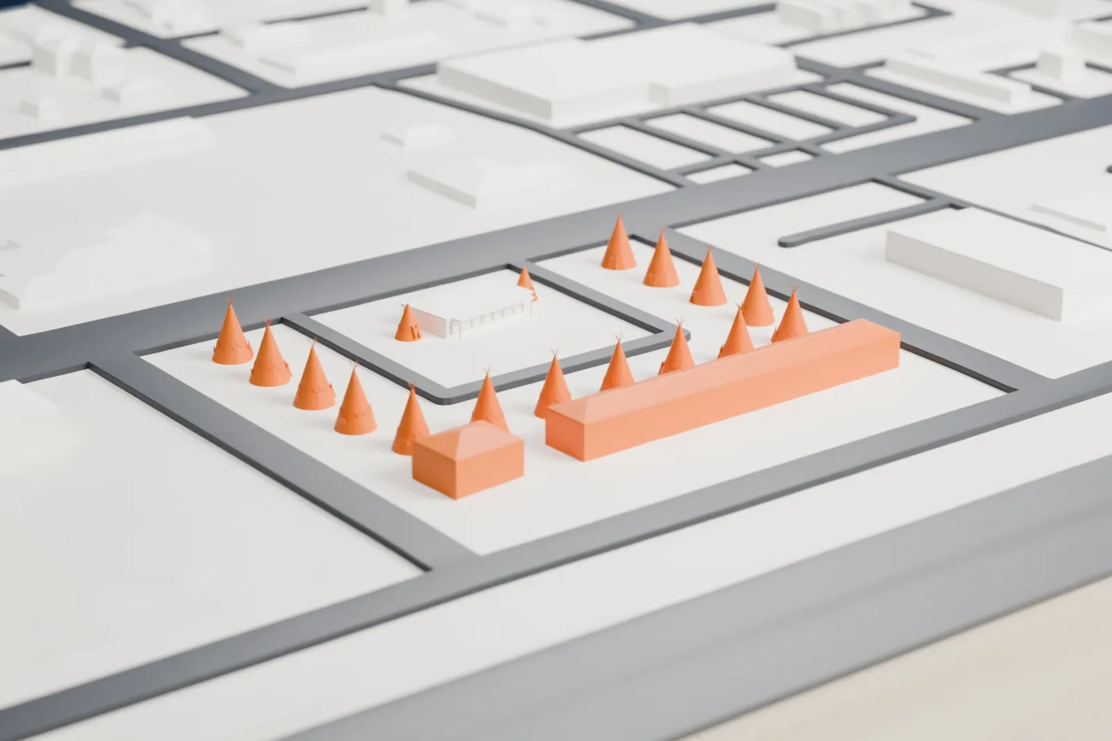 A white 3D print of the Wigwam Motel, a ring of cone-shaped wigwams around a small low office building, surrounded by flat lots, roads and low buildings.