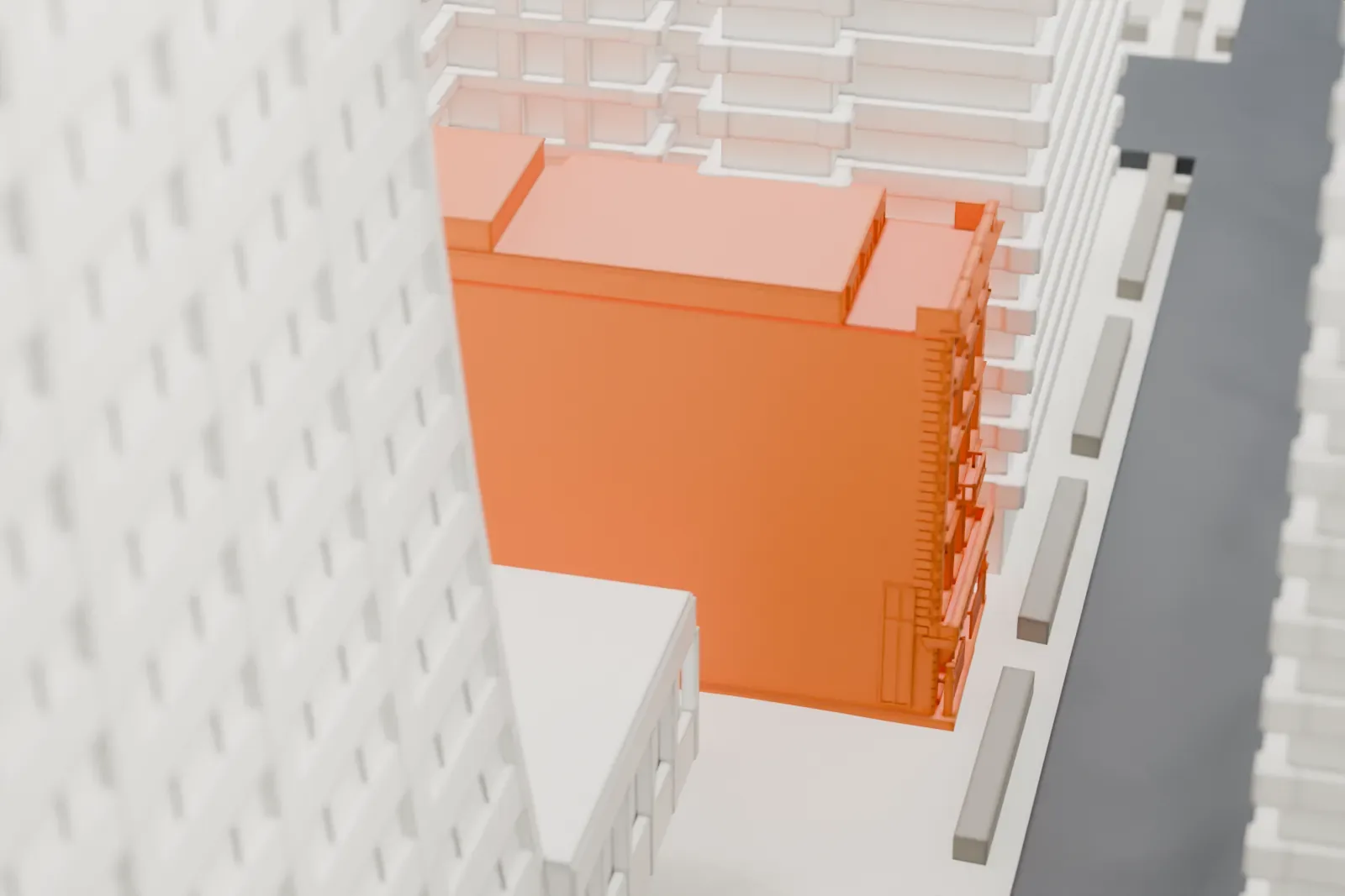 A white 3D print of the William H. Moore House, a small block almost hidden at the foot of very tall Midtown towers, with a twin-spired church nearby.