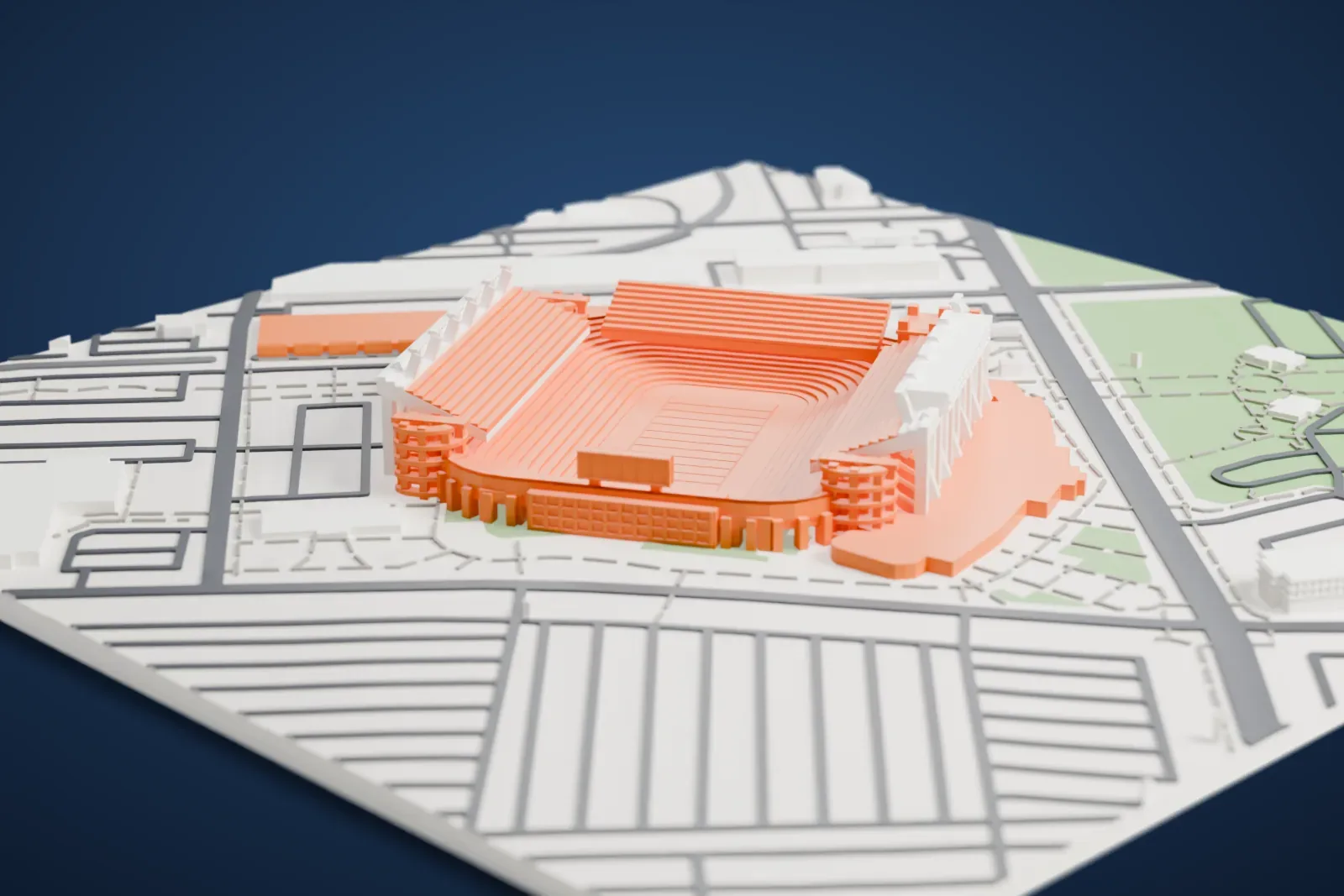 A white 3D print of Williams–Brice Stadium, a large football stadium with curved rows of seating and tall side stands, set among a street grid.