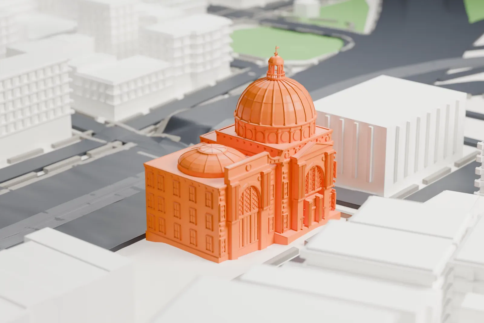 A white 3D print of the Williamsburgh Savings Bank Building, a four-story stone building with a large ribbed dome, a smaller second dome and tall arched entrances, standing among wide streets and taller blocks.