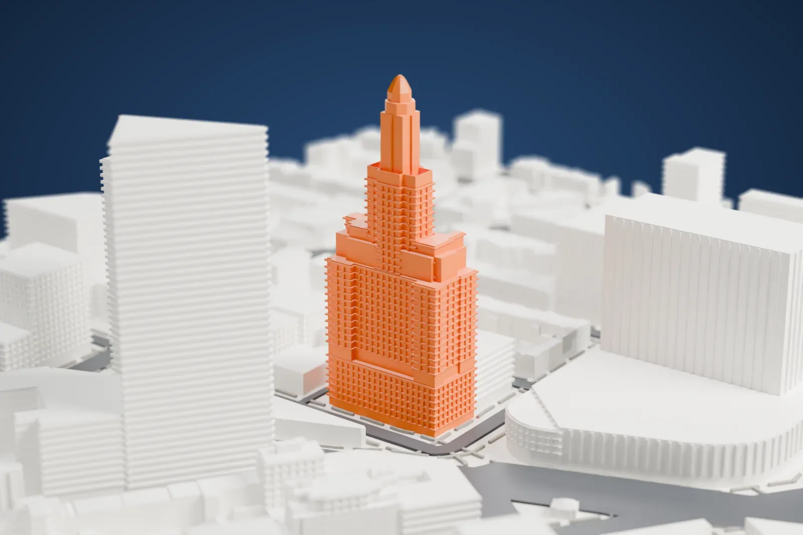 A white 3D print of the Williamsburgh Savings Bank Tower, a stepped tower with a clock stage and a domed top, standing among the surrounding Brooklyn buildings.