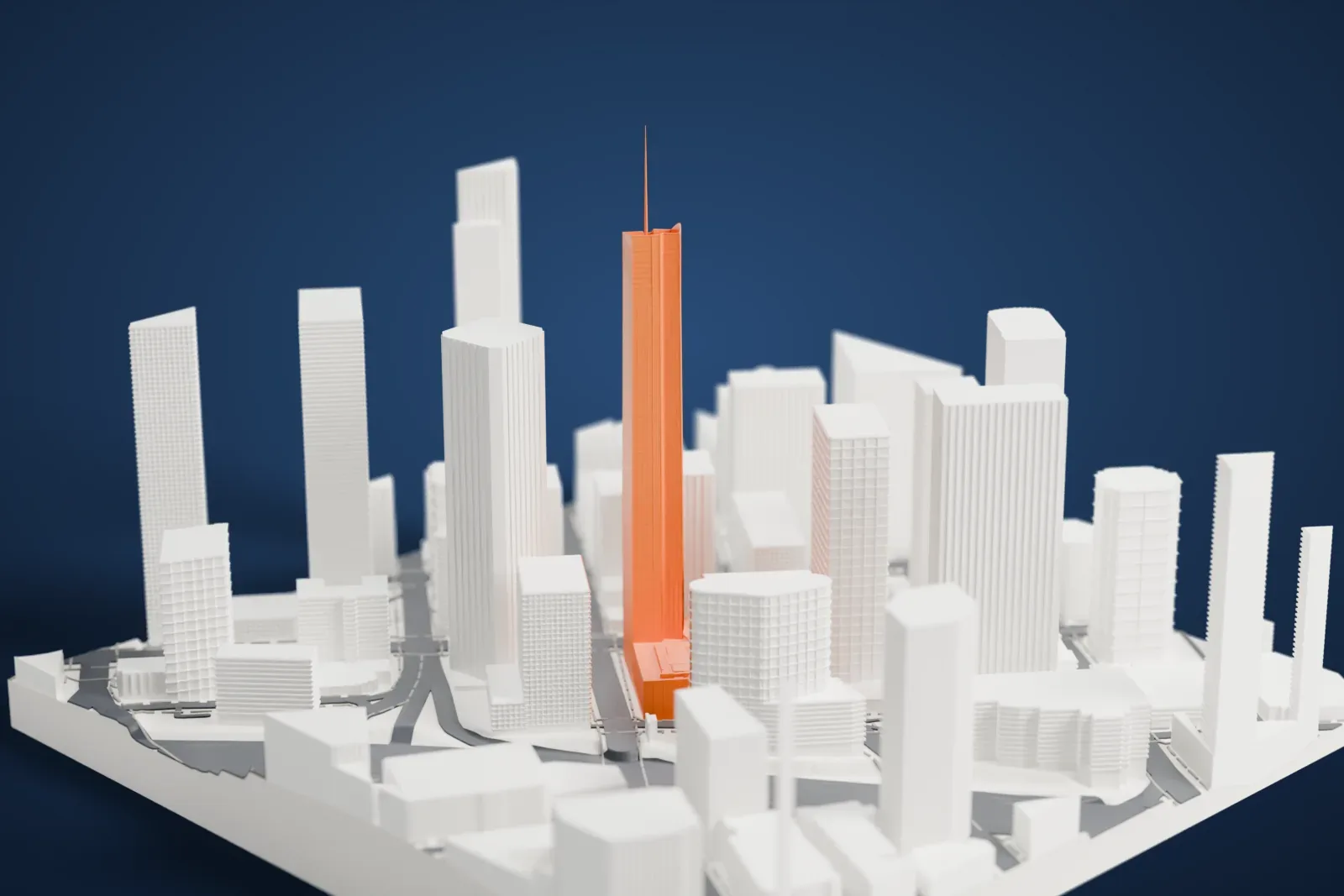 A white 3D print of Wilshire Grand Center, a tall slender tower with a needle spire and a scooped crown, standing among other skyscrapers of downtown Los Angeles.