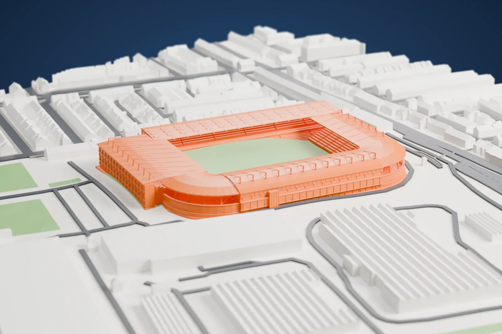 A white 3D print of Windsor Park, a football ground with four unequal covered stands and rounded south corners, among surrounding streets and buildings.