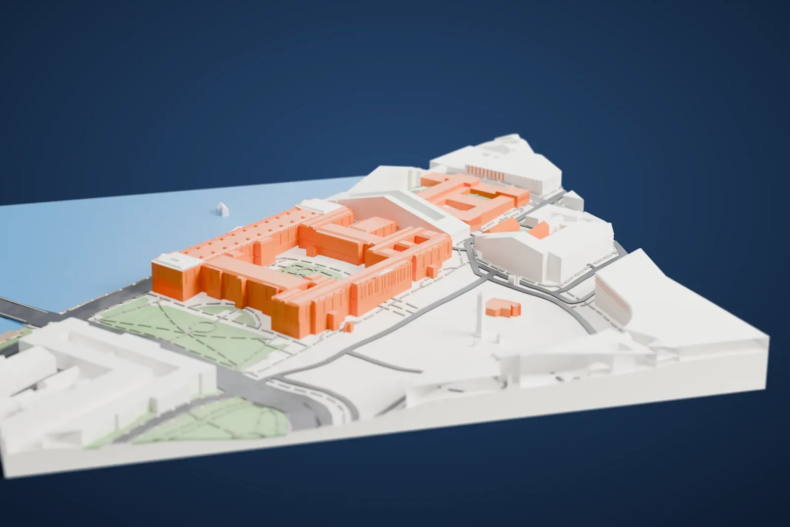 A white 3D print of the Winter Palace, a long, low building of linked wings around inner courtyards, beside a broad river and a large square with a tall column.