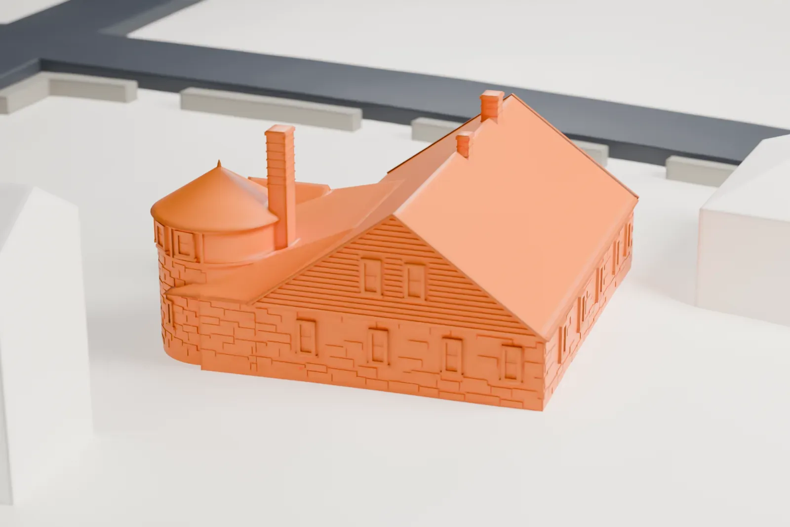 A white 3D print of the Woman’s Club of Rutherford clubhouse, a low stone building with a round tower and several chimneys, among neighboring houses and a street.