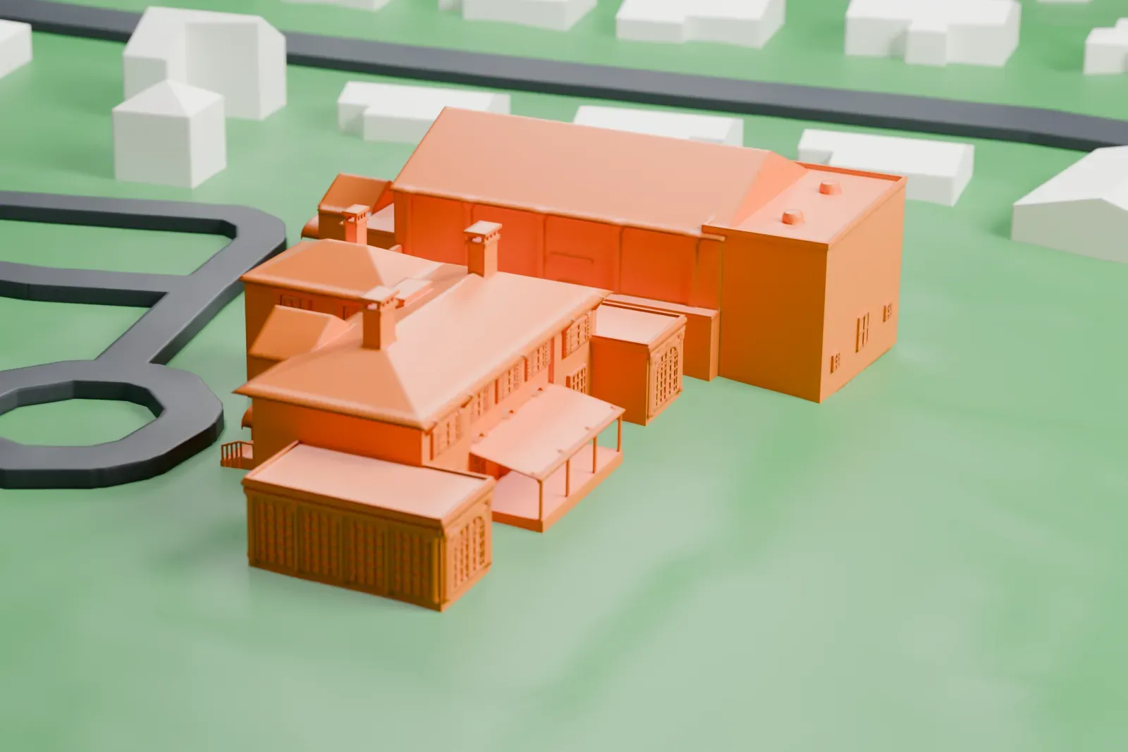 A white 3D print of the Woman's Club of White Plains, a long hipped-roof house with brick chimneys and a large gabled wing, on a lawn with a looping drive and houses nearby.