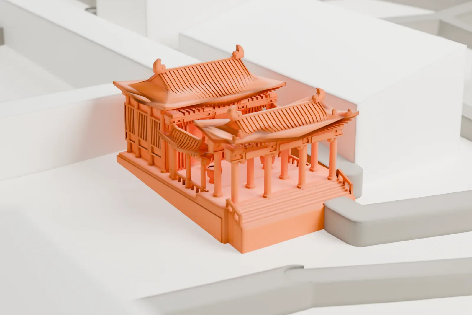A white 3D print of the Wong Tai Sin Temple with the surrounding city streets and buildings.