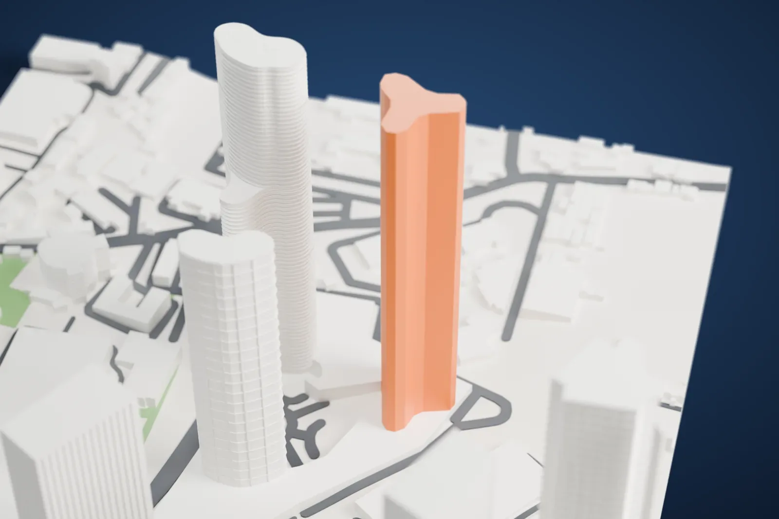 A white 3D print of World One, a very tall rounded tower with fine horizontal floor bands, standing beside other tall towers with roads and low buildings around it.