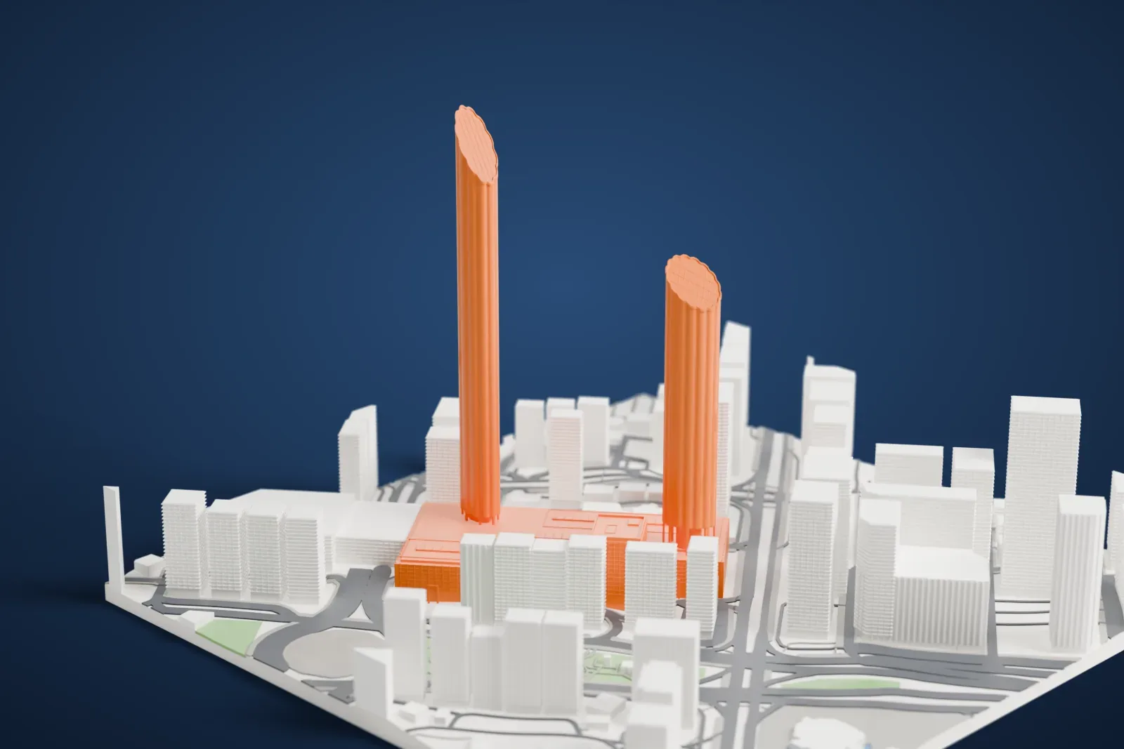 A white 3D print of the World Trade Center Abu Dhabi, two slender towers of unequal height with sloping crowns above a low mall podium, among surrounding buildings.
