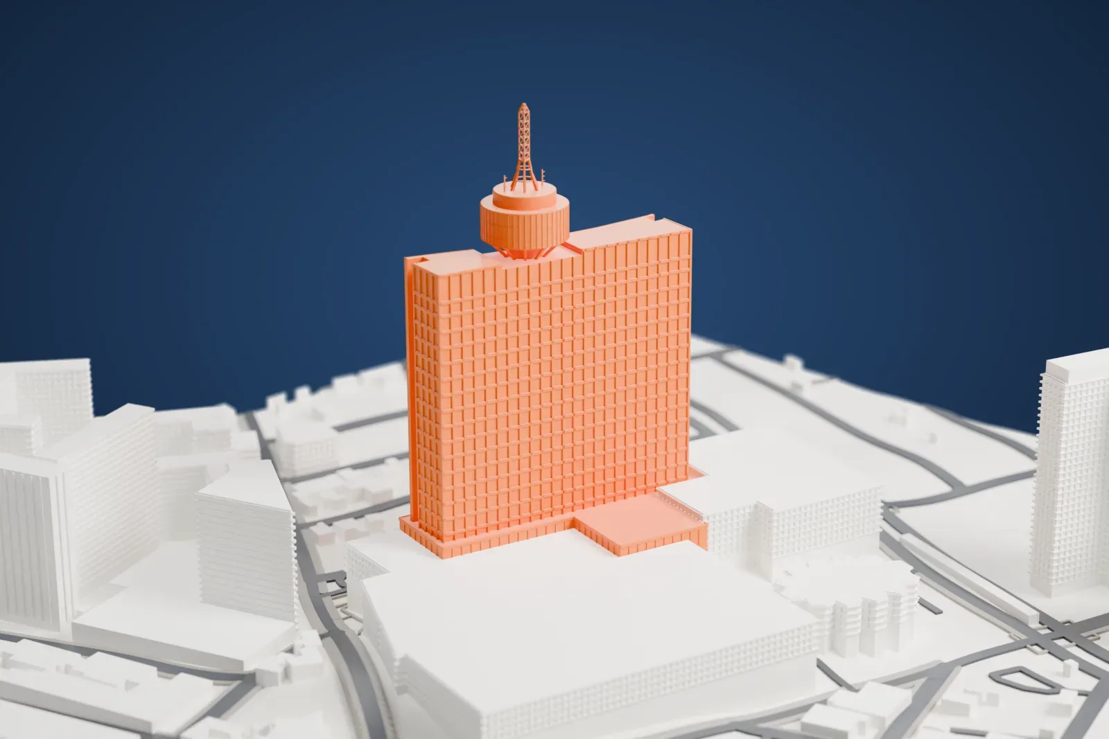 A white 3D print of the World Trade Center Mexico City, a broad slab tower with a round crown and lattice antenna above a low podium, on Avenida de los Insurgentes.