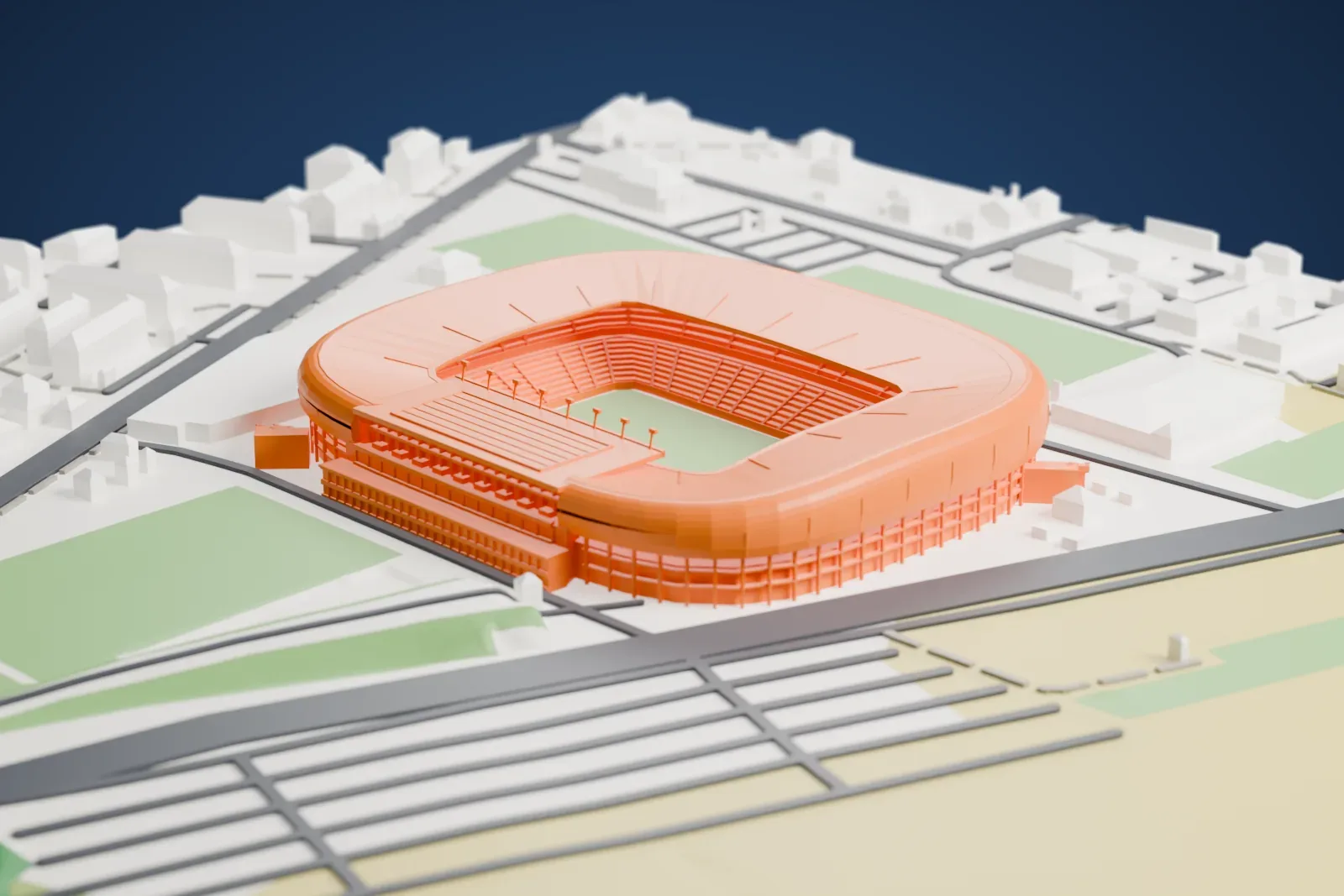 A white 3D print of Wörthersee Stadion, a two-tier bowl under one continuous crescent roof that rises over one stand and sinks toward the other, with a lower main stand beside it, among the surrounding streets and buildings.