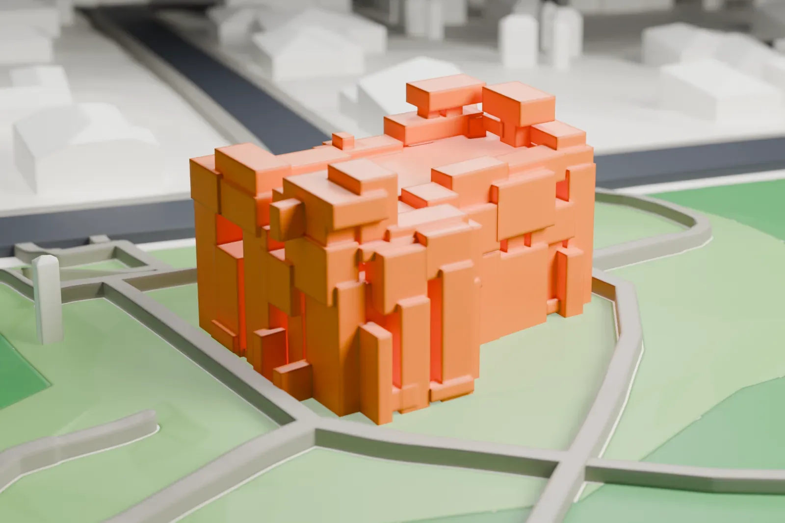 A white 3D print of the Wotruba Church in Liesing, Vienna, with surrounding streets and buildings.