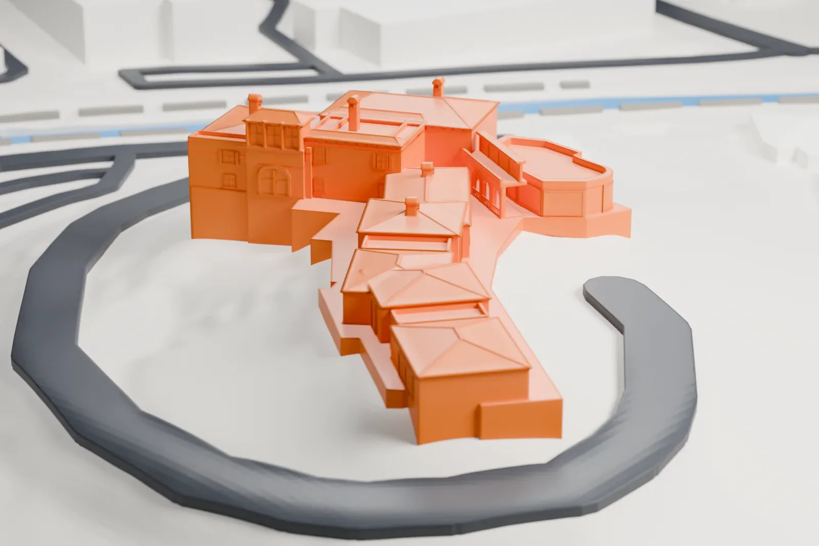 A white 3D print of the Wrigley Mansion, a low sprawling house with many small roofs on a rounded hilltop circled by a looping road, with a narrow channel of water below.
