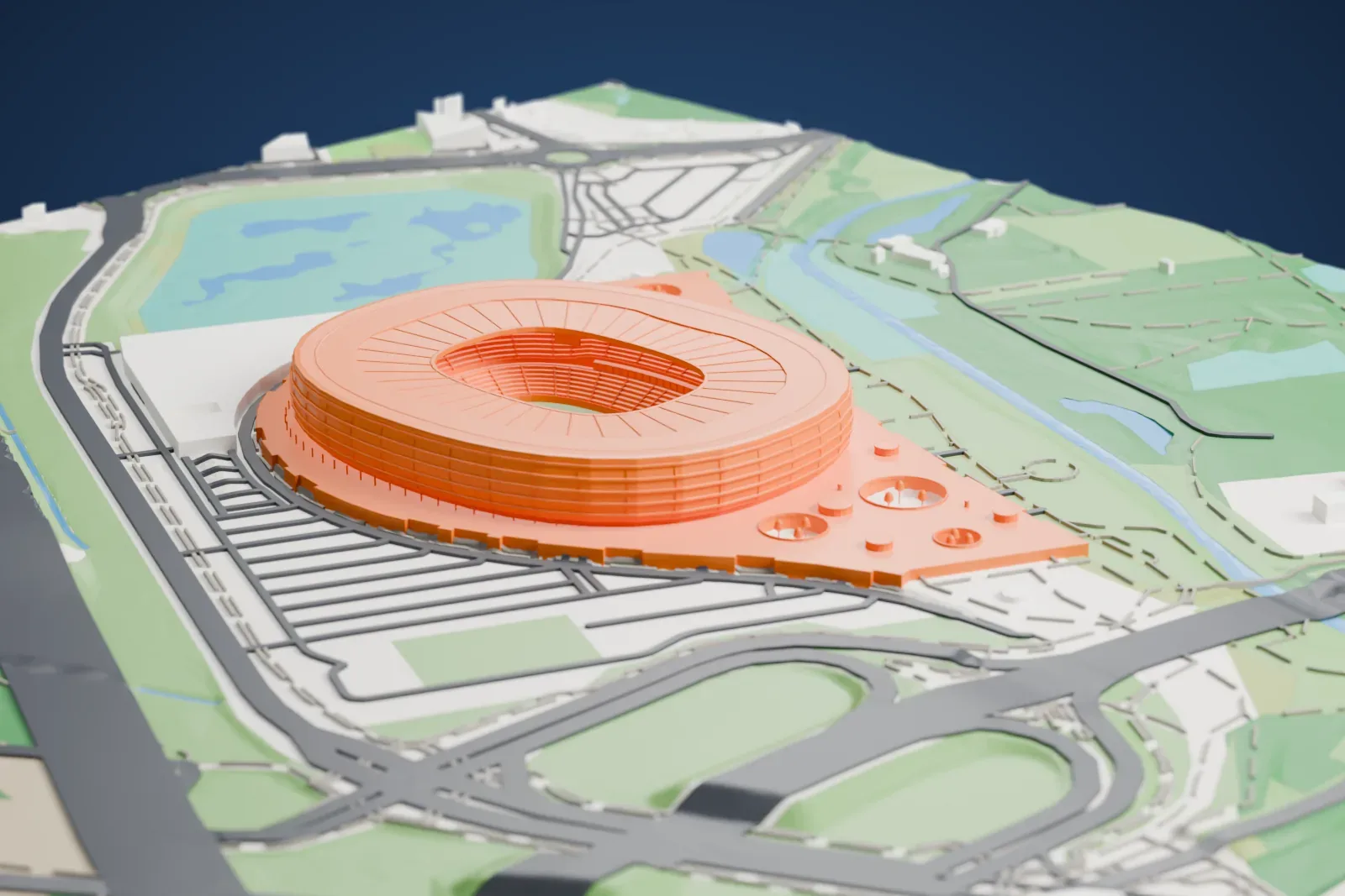 A white 3D print of the Wrocław Stadium, a closed oval drum whose skin swells at mid-height and rolls over into a flat ring roof with an opening over the field, standing on its esplanade among streets and buildings.