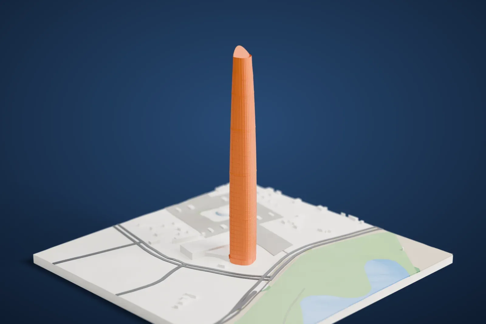 A white 3D print of Wuhan Center among the surrounding city buildings of Wuhan.
