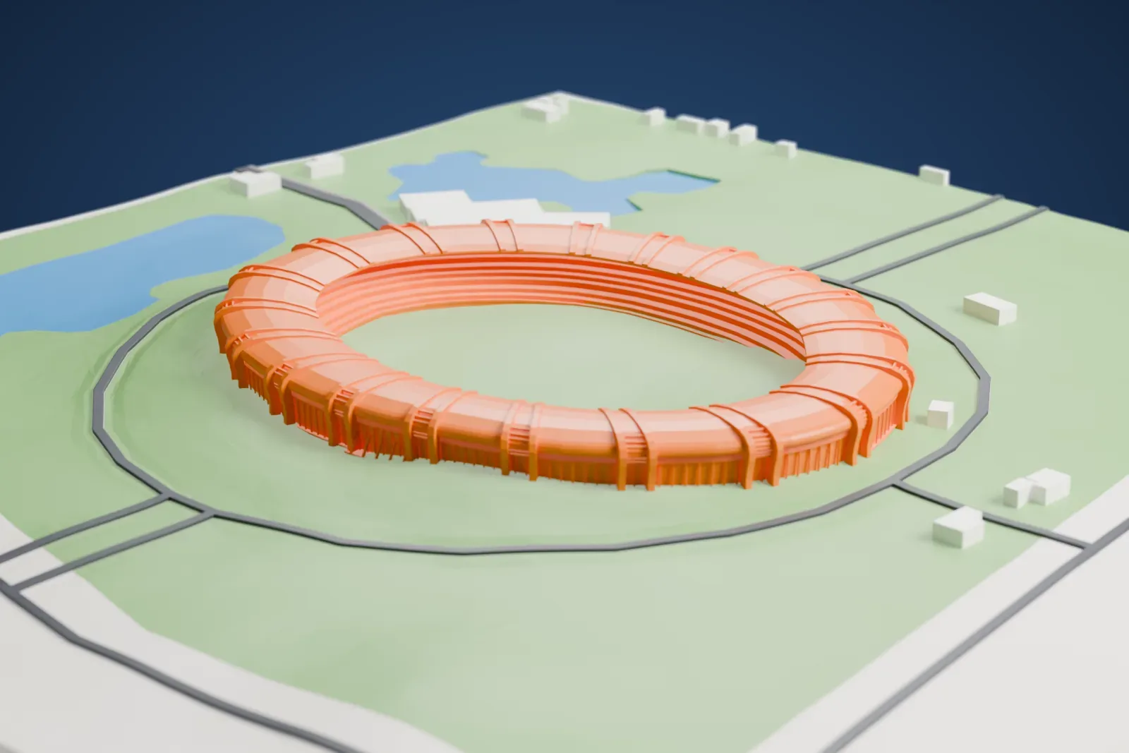 A white 3D print of Wunna Theikdi Stadium, an oval ring of stands around a green pitch, set in grassy grounds with ponds and roads around it.