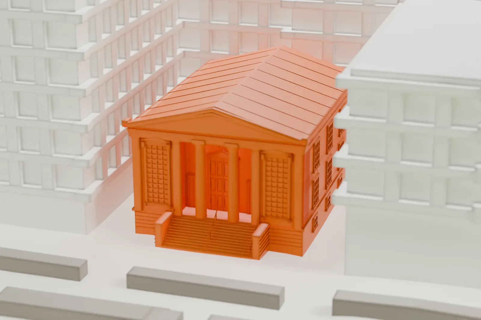 A white 3D print of the Wunsch Building, a small building tucked beside much taller buildings in dense city blocks.