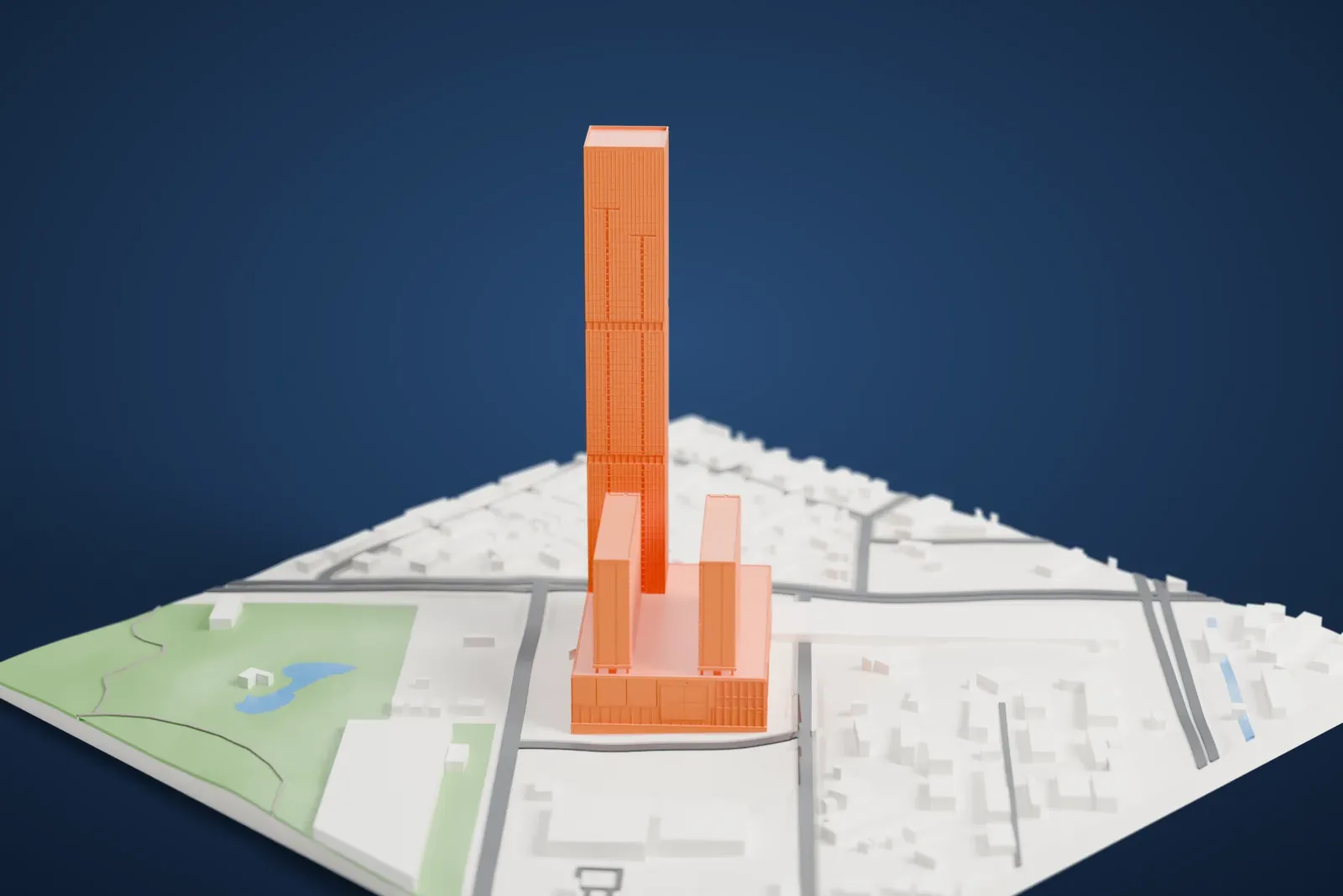 A white 3D print of the Wuxi Maoye City – Marriott Hotel, a tall slim tower rising from a wide base with lower wings, among the surrounding streets and buildings.