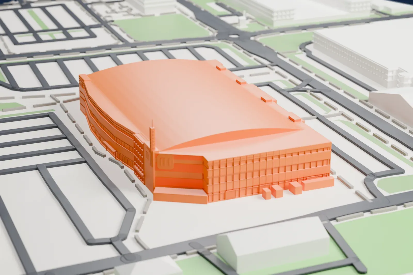 A white 3D print of Xiaomi Arena, a wide indoor arena with a smooth arched roof and a slim mast at one corner, surrounded by roads and open ground.