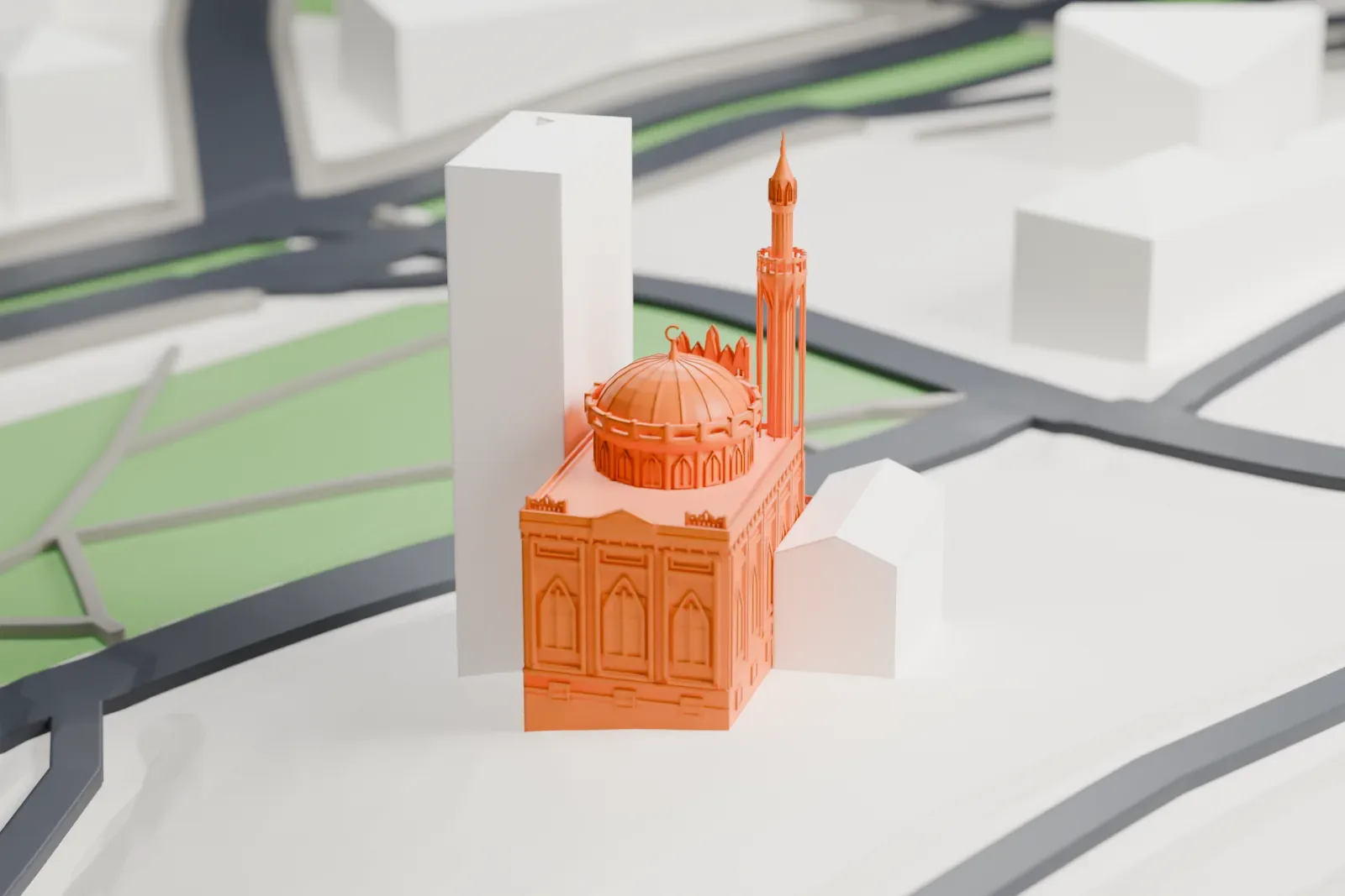 A white 3D print of the Yıldız Hamidiye Mosque among surrounding streets and buildings.