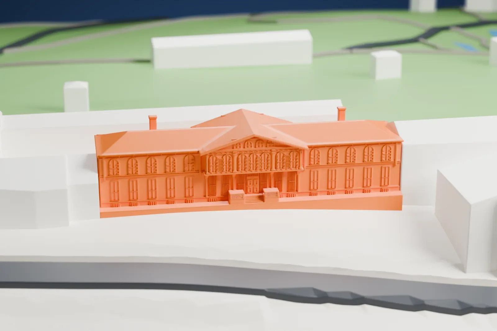 A white 3D print of Yıldız Palace, with the surrounding streets and buildings of Istanbul around it.