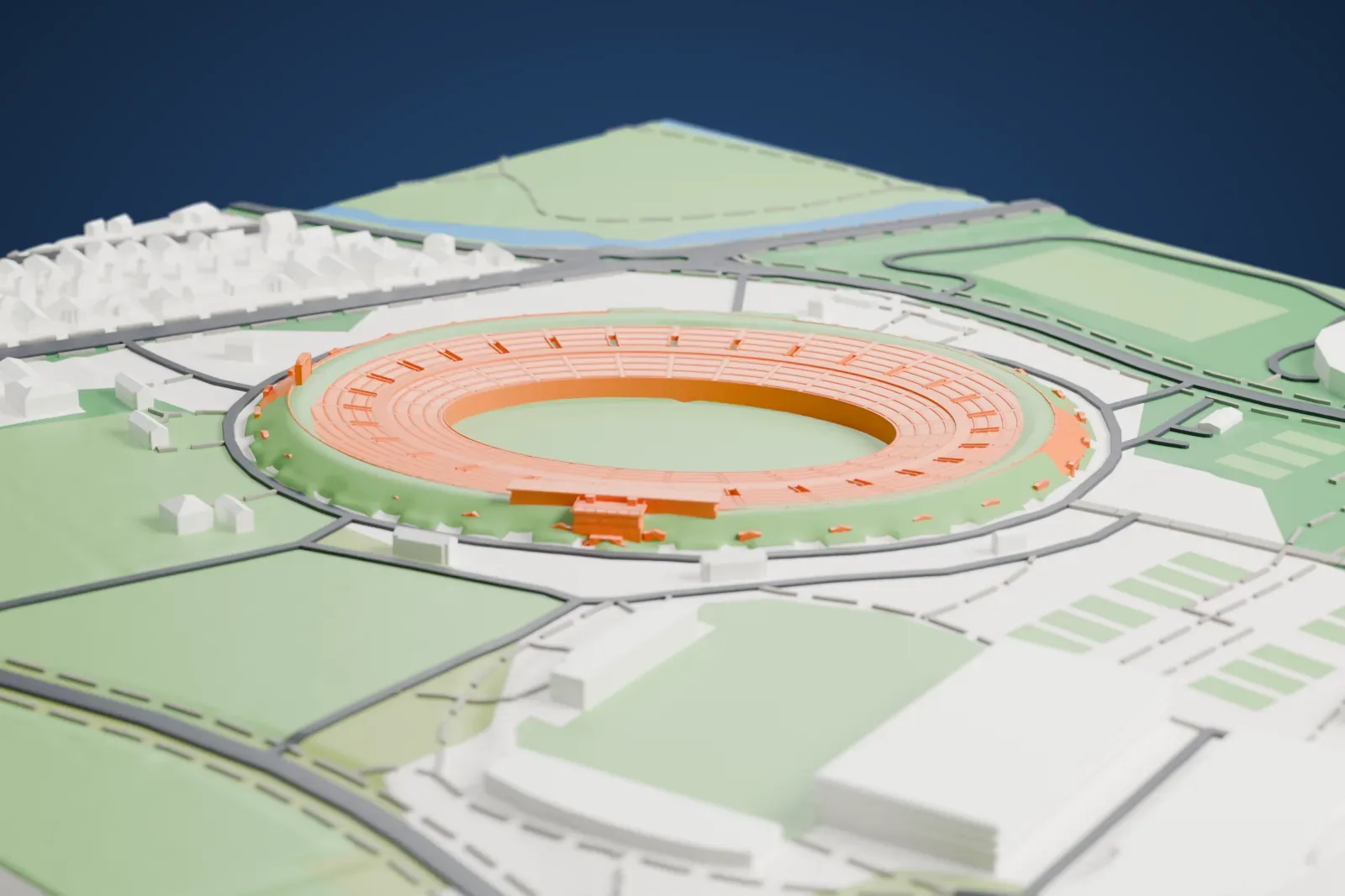 A white 3D print of the Yale Bowl, an oval stadium with stepped rows of stands around an open field, set in a green landscape with roads, open fields and small houses nearby.