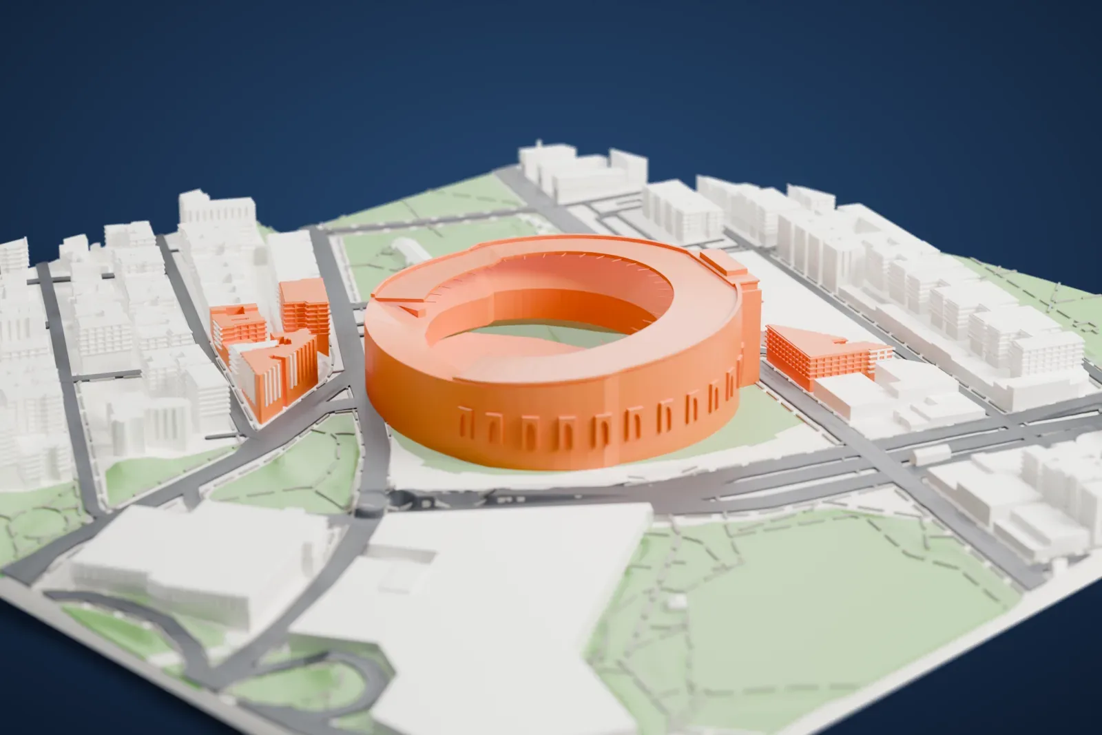 A white 3D print of Yankee Stadium, a round stadium ring with arched recesses along its lower wall around an open field, set among city buildings, roads and parkland in the Bronx.