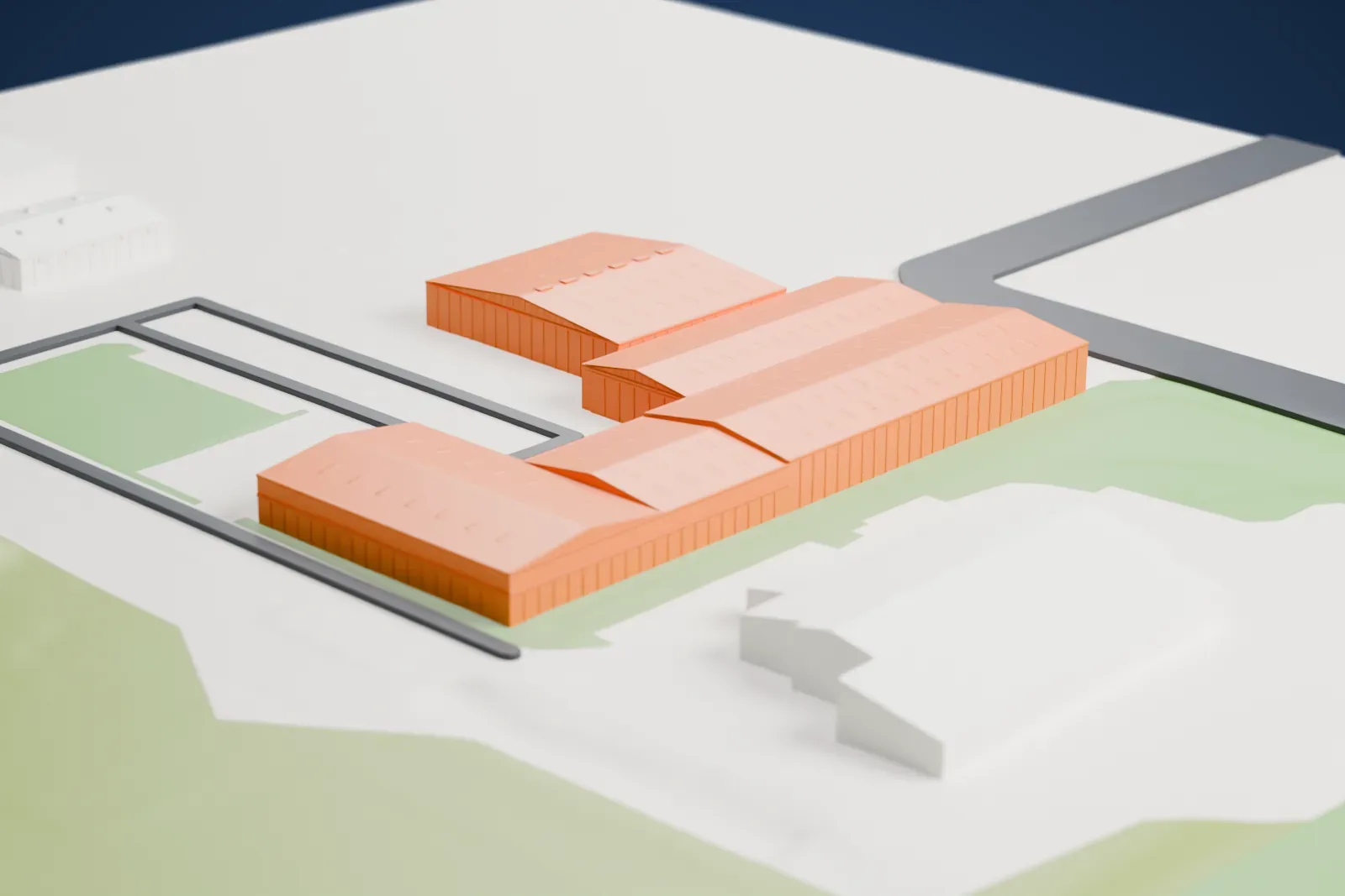 A white 3D print of the Yanks Air Museum hangars, a cluster of low, joined gabled sheds beside a small outbuilding, on a flat site with a few roads and grassy areas.