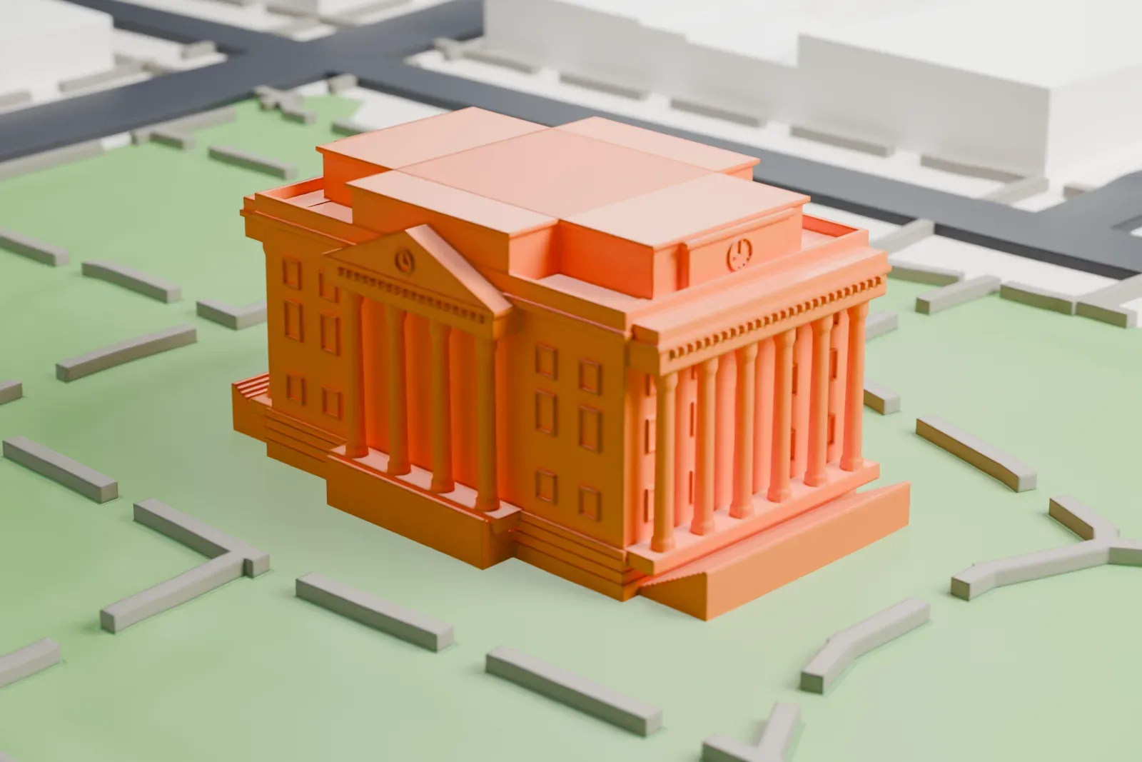 A white 3D print of the Yavapai County Courthouse, a classical building with a columned porch and a triangular pediment, set on a lawn with curving paths and a street behind it.