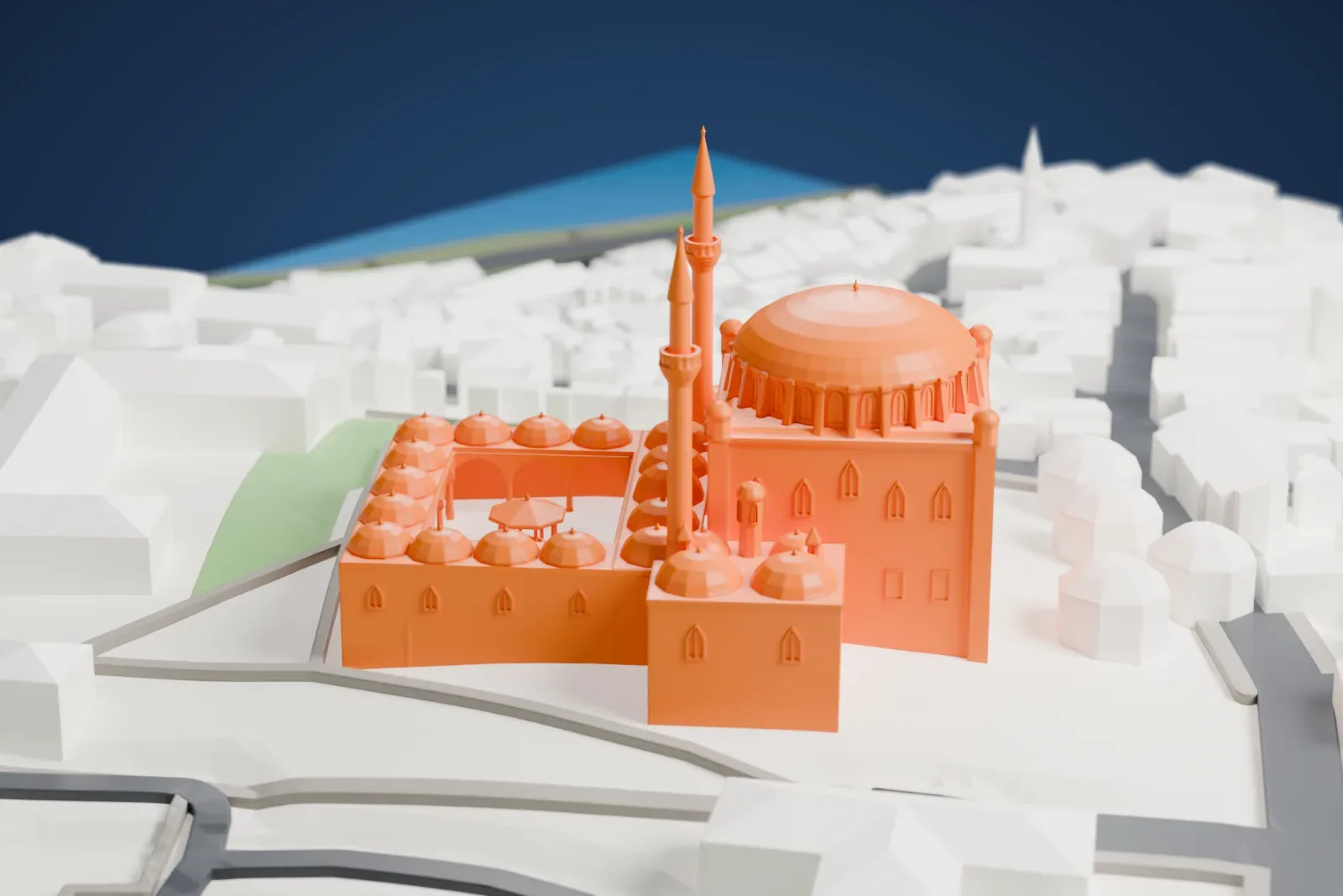 A white 3D print of the Yavuz Selim Mosque, a domed mosque set among the surrounding streets and buildings.