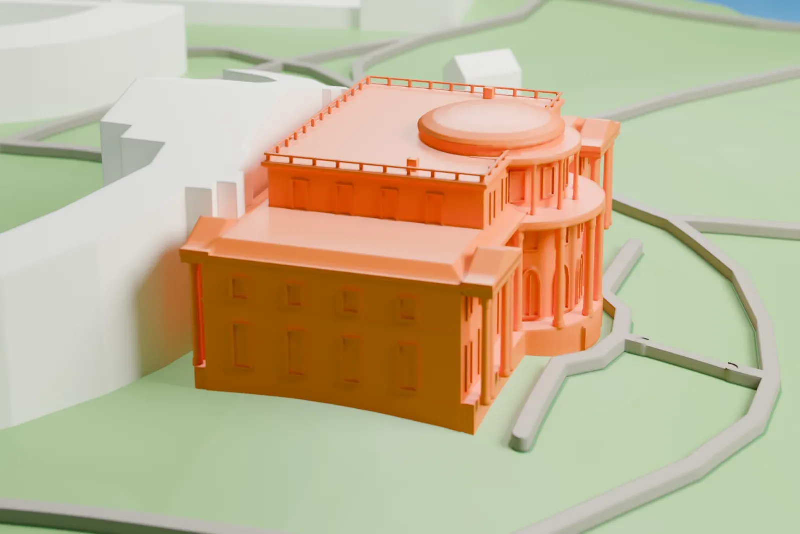 A white 3D print of Yelagin Palace on Yelagin Island, set among the surrounding streets and buildings.