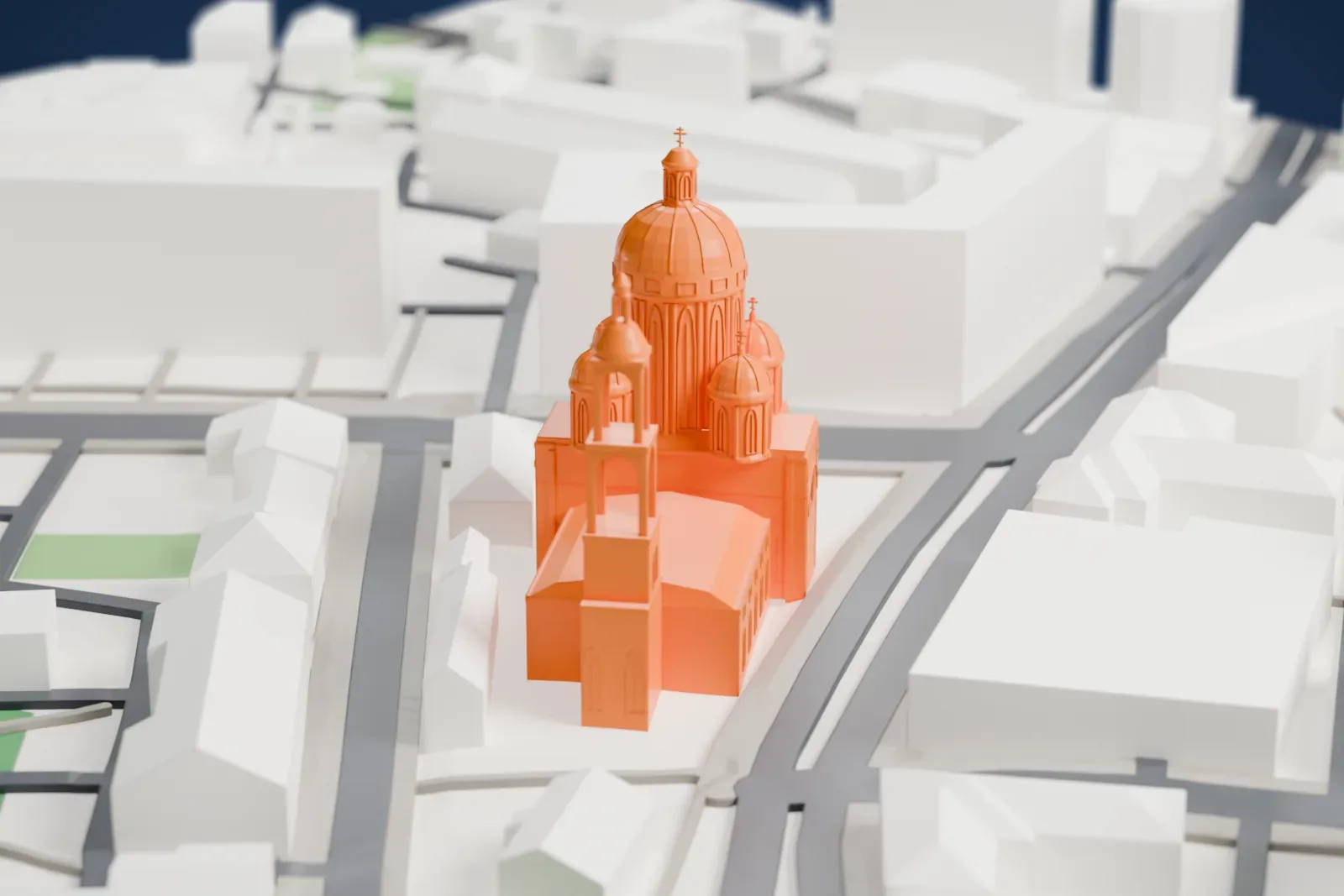 A white 3D print of Yelokhovo Cathedral, a Neoclassical church among the surrounding buildings of Moscow.
