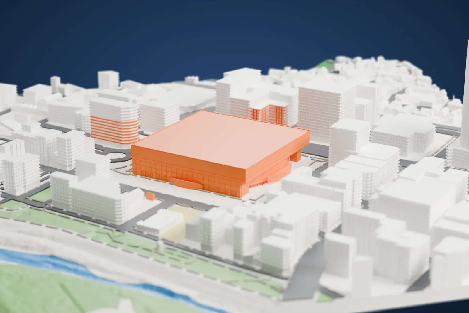 A white 3D print of Yokohama Arena, a large square block with a broad flat roof, surrounded by closely packed buildings and streets.