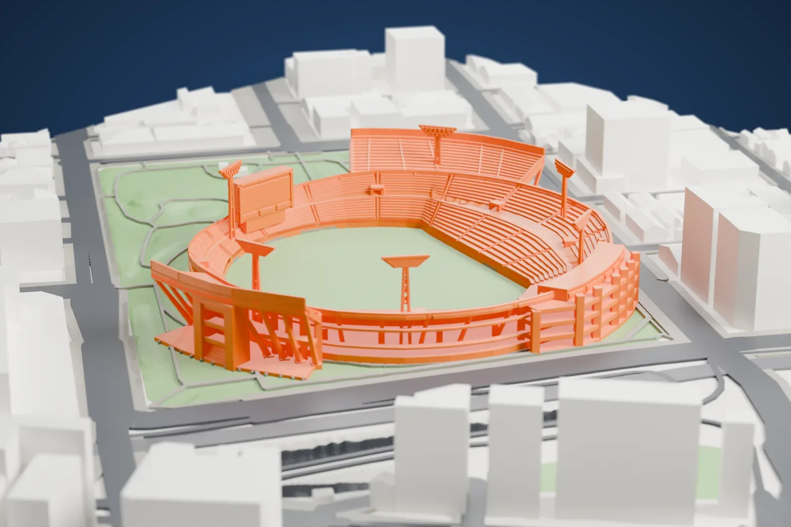 A white 3D print of the Yokohama Stadium, its stands around the field among the surrounding streets and buildings of Yokohama.