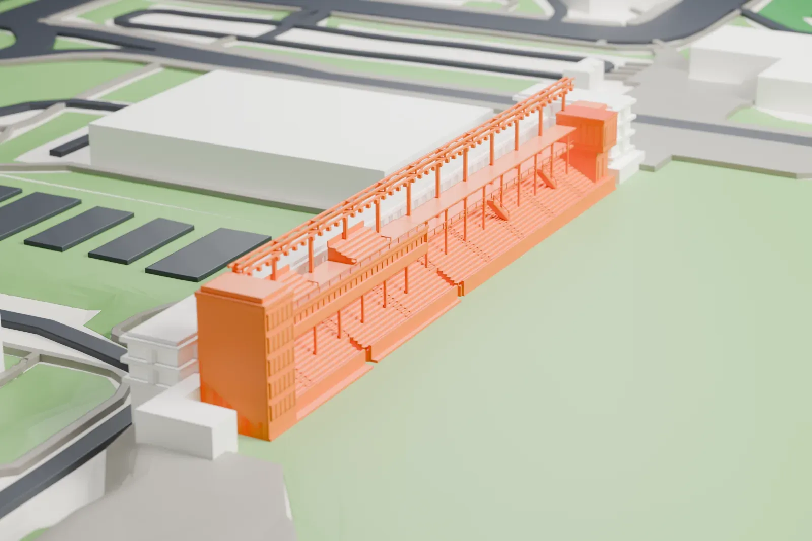 A white 3D print of York Lions Stadium among the surrounding streets and buildings.