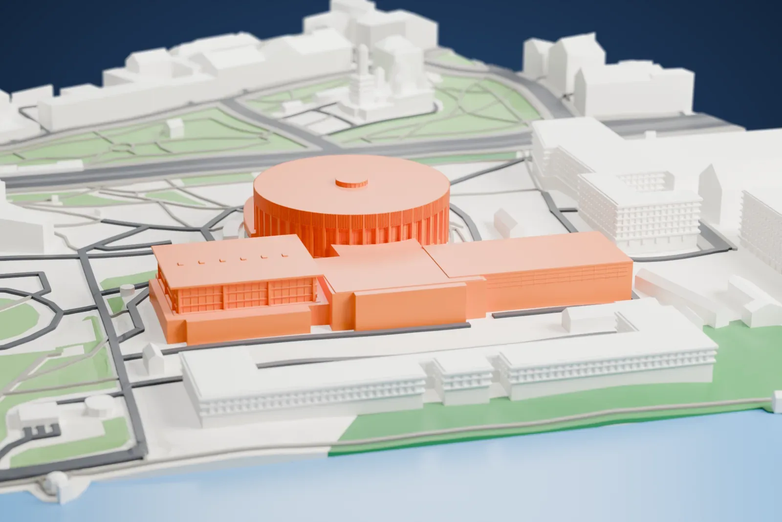 A white 3D print of Yubileyny Sports Palace, a wide, low circular arena, among surrounding streets and buildings.