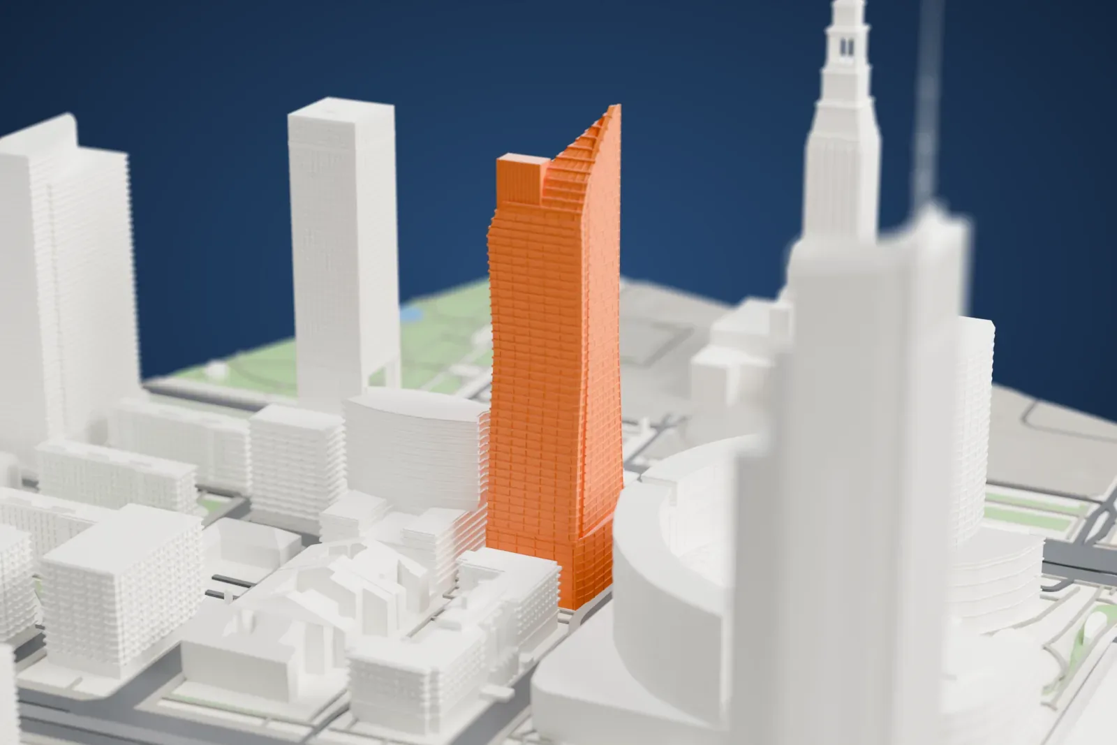 A white 3D print of Złota 44 with the surrounding streets and buildings.