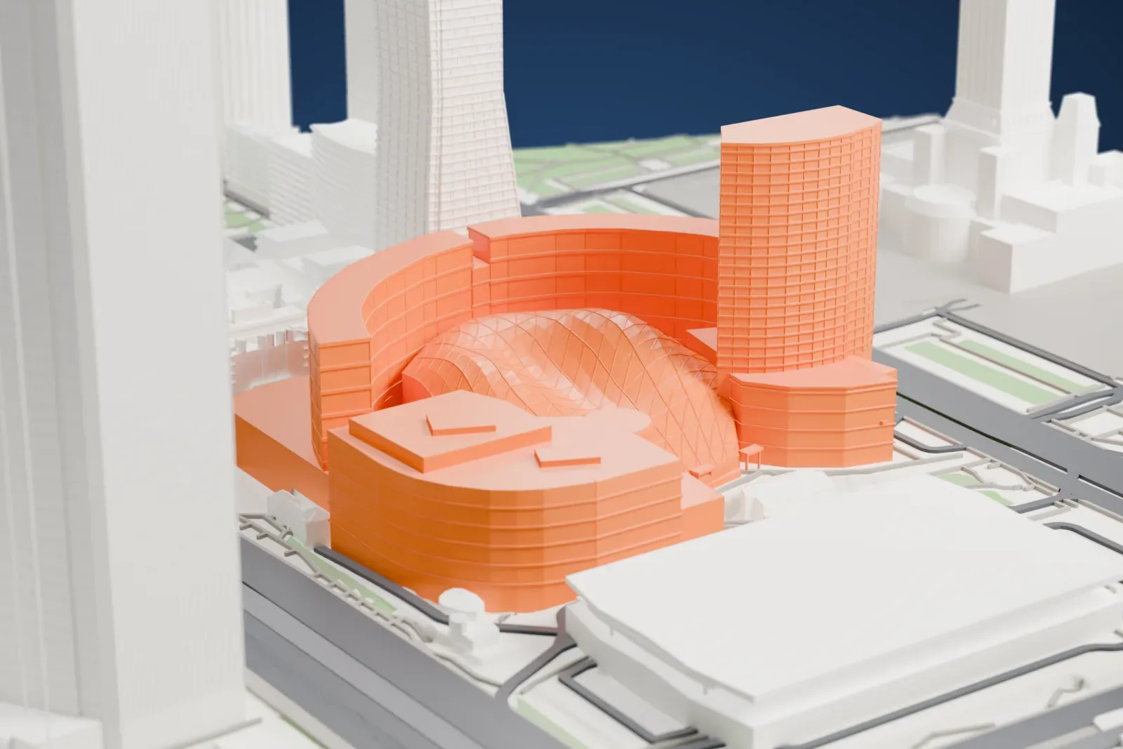 A white 3D print of Złote Tarasy among the surrounding streets and buildings of central Warsaw.