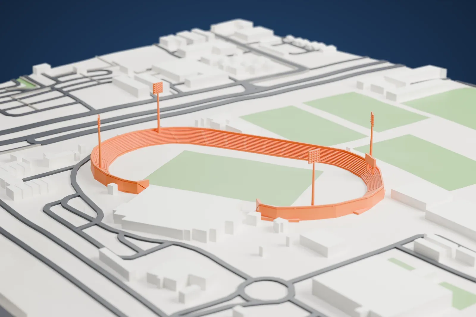 A white 3D print of Zabeel Stadium in Dubai, with the surrounding city and streets.