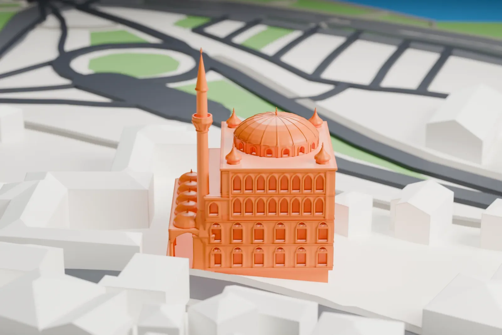A white 3D print of the Zal Mahmud Pasha Mosque, a mosque building standing among surrounding streets and other buildings.