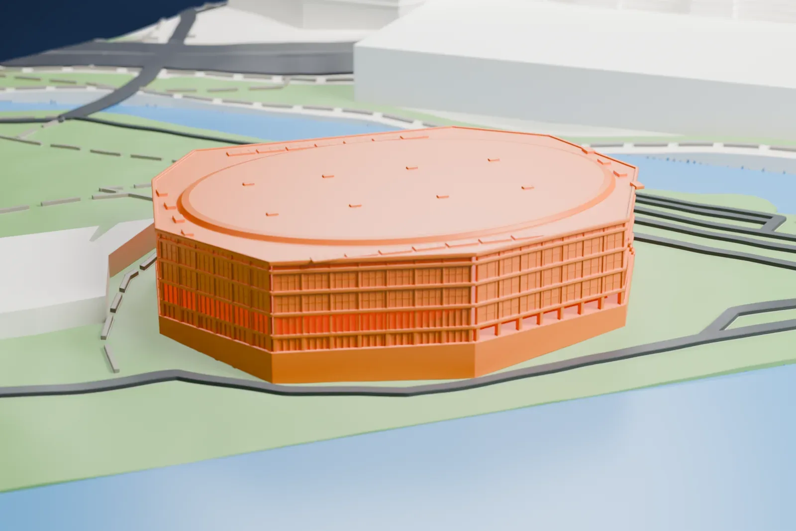A white 3D print of Žalgiris Arena, a wide multi-sided arena with a large oval roof and a lettered facade, standing on grassy ground surrounded by water.