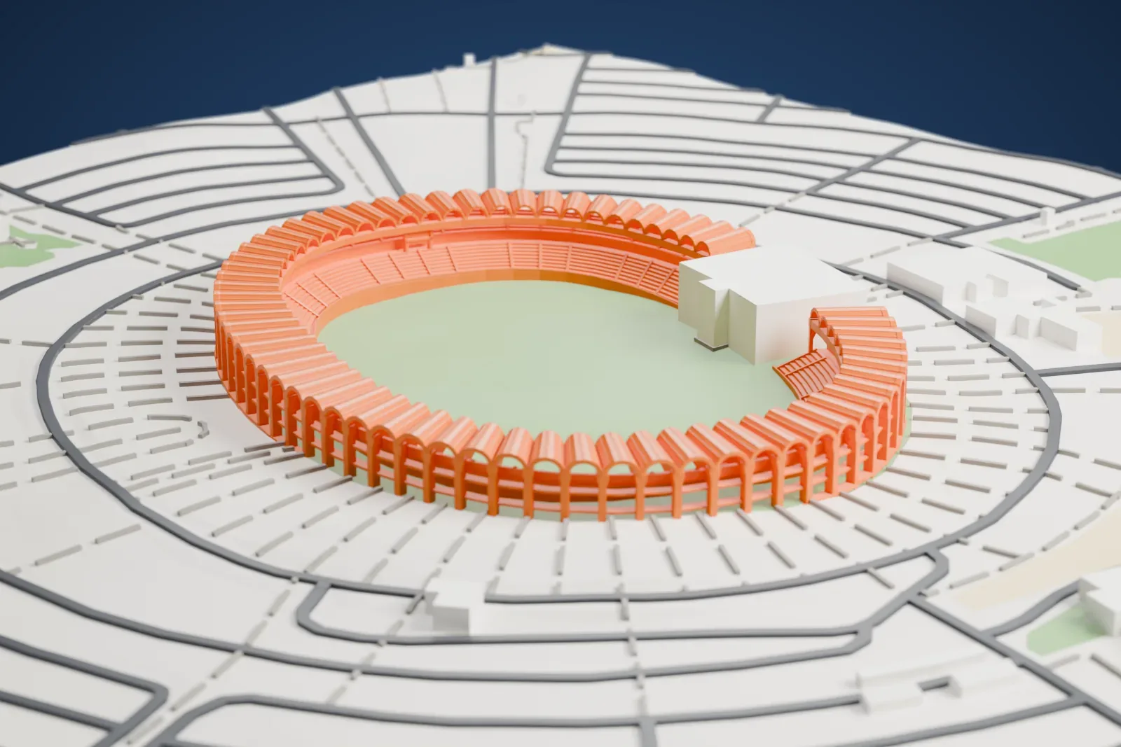 A white 3D print of Zayed Sports City Stadium, an oval bowl ringed by round-headed arches under a roof of scalloped radial vaults, among the surrounding streets and buildings.