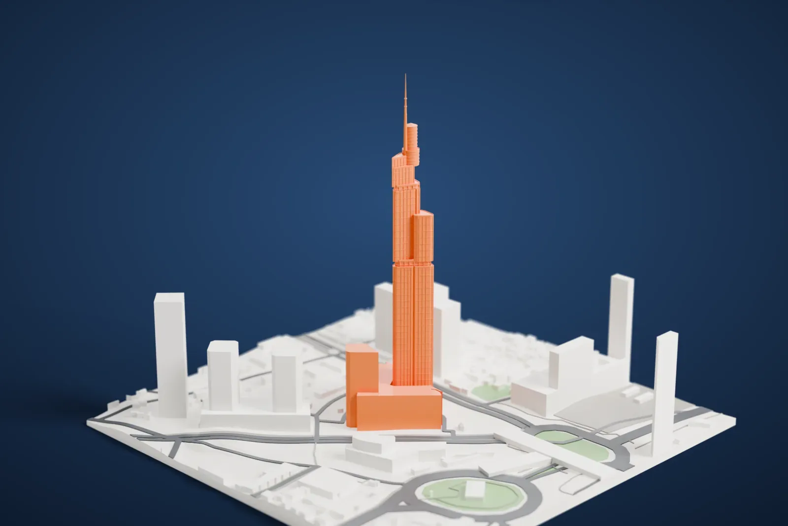 A white 3D print of Zifeng Tower rising above the surrounding streets and buildings of Nanjing.