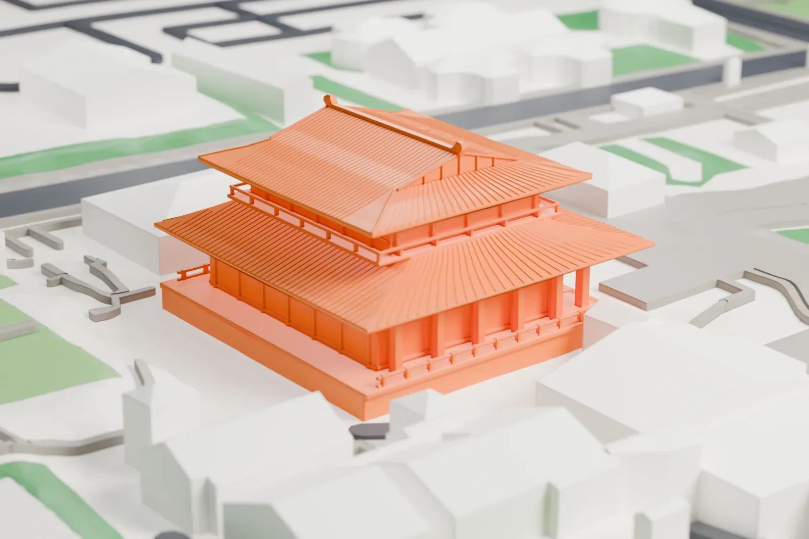 A white 3D print of Zōjō-ji among surrounding streets and buildings.