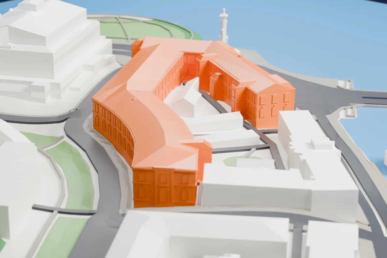 A white 3D print of the Zoological Museum on the Universitetskaya Embankment in Saint Petersburg, among the surrounding buildings.