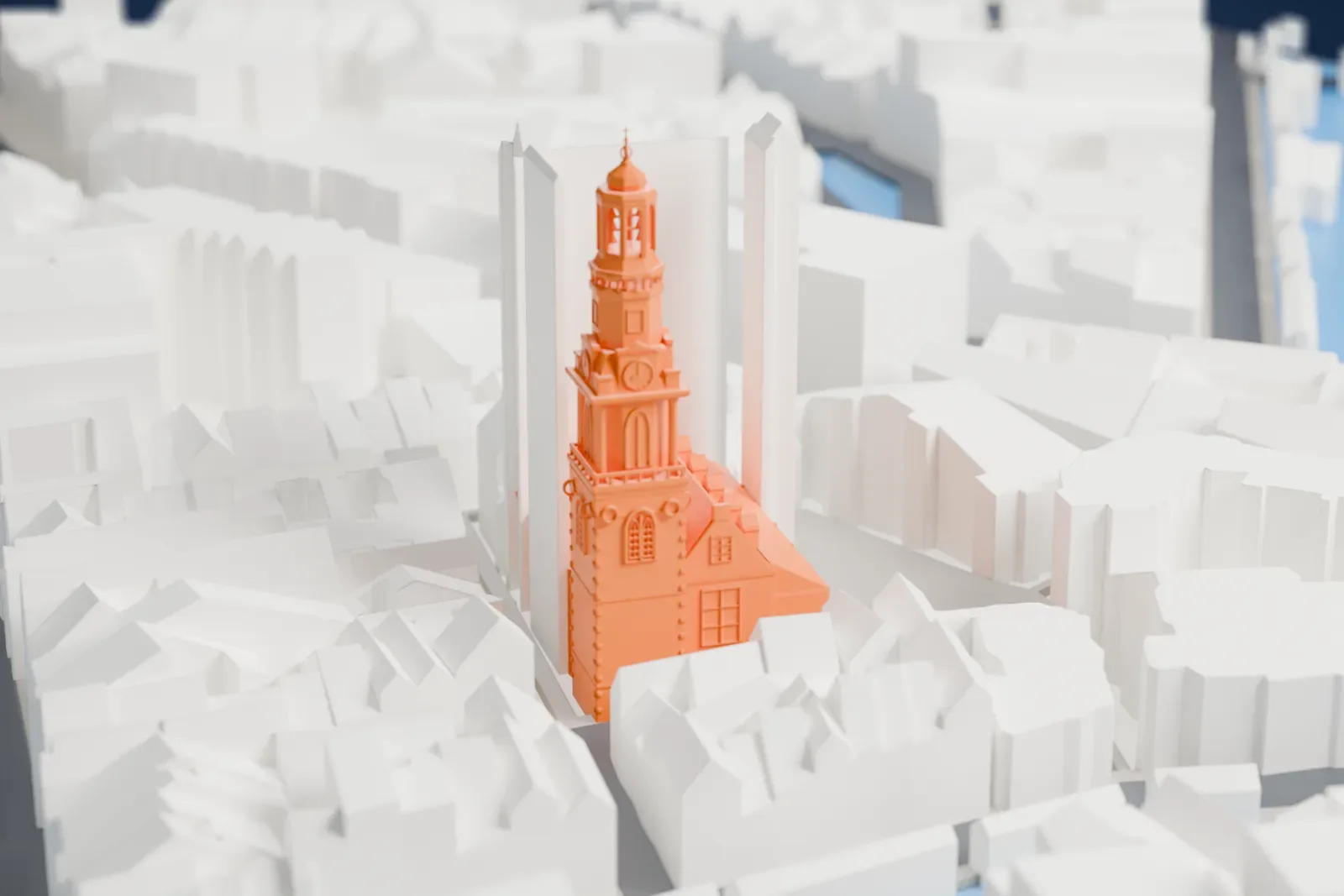 A white 3D print of the Zuiderkerk among surrounding streets and buildings.