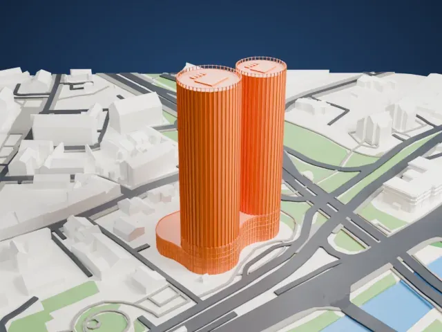 Zunda Towers model, East view