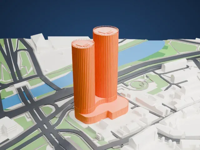 Zunda Towers model, West view